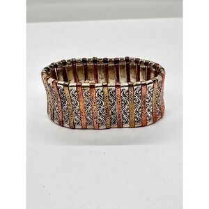 Boho Mixed Metal Tri-Tone Scroll Engraved Hammered Statement Stretch Bracelet